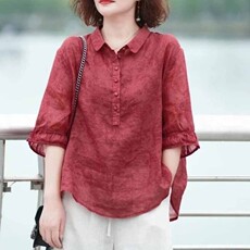 Одежда для дам 妈妈天丝棉麻上衣洋气t恤小衫2025夏季新款中年女士大码中袖衬衫