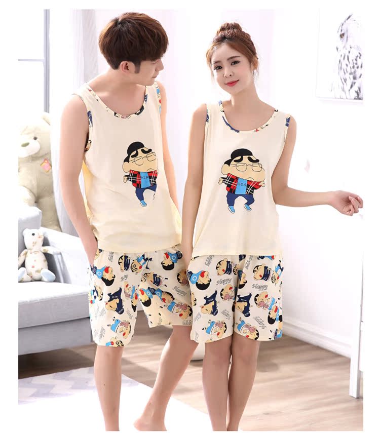Mùa hè không tay cotton couple đồ ngủ phim hoạt hình crayon nhỏ sinh viên mới vest nam giới và phụ nữ cotton dịch vụ nhà phù hợp với bộ đồ khủng log
