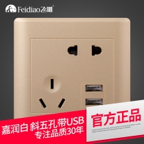Feidiao switch socket Champagne gold oblique five holes with two USB socket Mobile phone charging smart power outlet