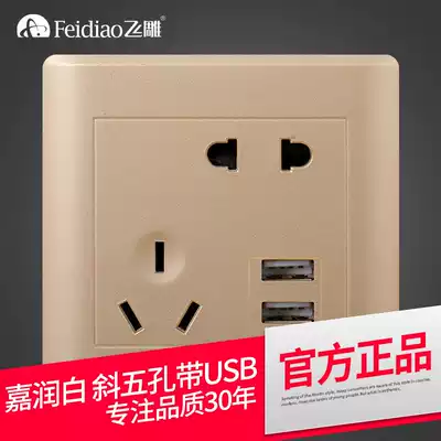 Flying Eagle switch socket champagne gold oblique five-hole with two-position USB socket mobile phone charging smart power socket