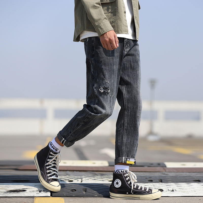 2019 Fall and Winter New Hole Jeans Men's Lax Han - Edition Traditional Tide Pastry Tide Pastry Day Grous Pants