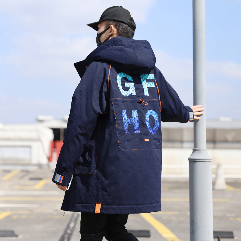 Down clothes men's medium long version with cap thickened jacket 2020 Winter new youth Korean version of the Tidal Card Loose