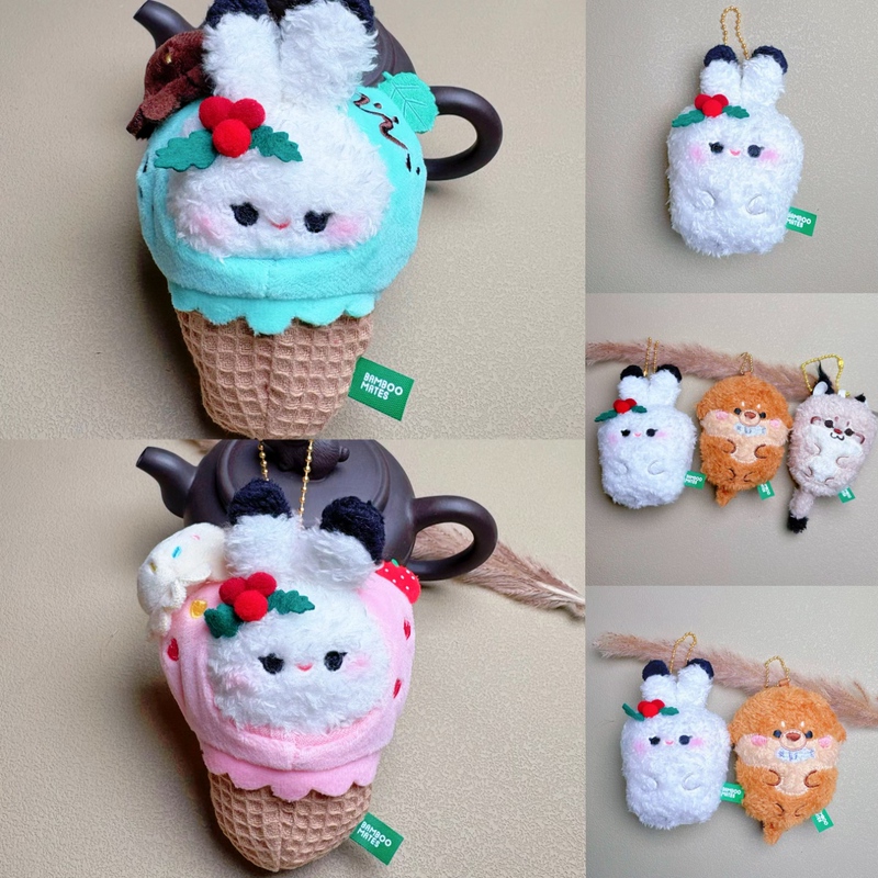 Nanjing Hongshan Zoo Cultural and Creative Products Bamboomates Fuzzy Plush Pendants: Snow Rabbit, Otter, Red Fox, Arctic Fox