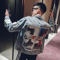 2021 spring and Autumn fashion brand denim jacket mens European and American street hip-hop personality loose printed jacket patch cloth clothes