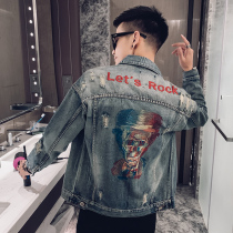 National trend embroidered denim jacket Mens trend brand European and American street Korean version of the trend loose spring and autumn social hole jacket