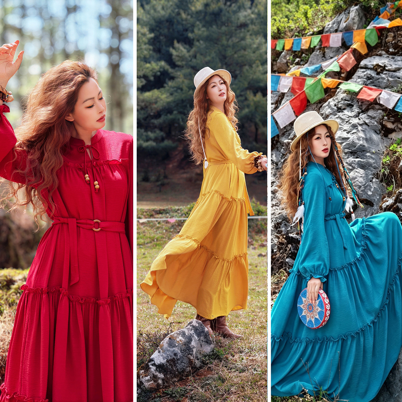 [Dong Yi's Travel Outfit] Caiyunyao Dress in Red, Yellow, and Blue with a Large Flared Skirt, Long-Sleeved Long Dress for Travel