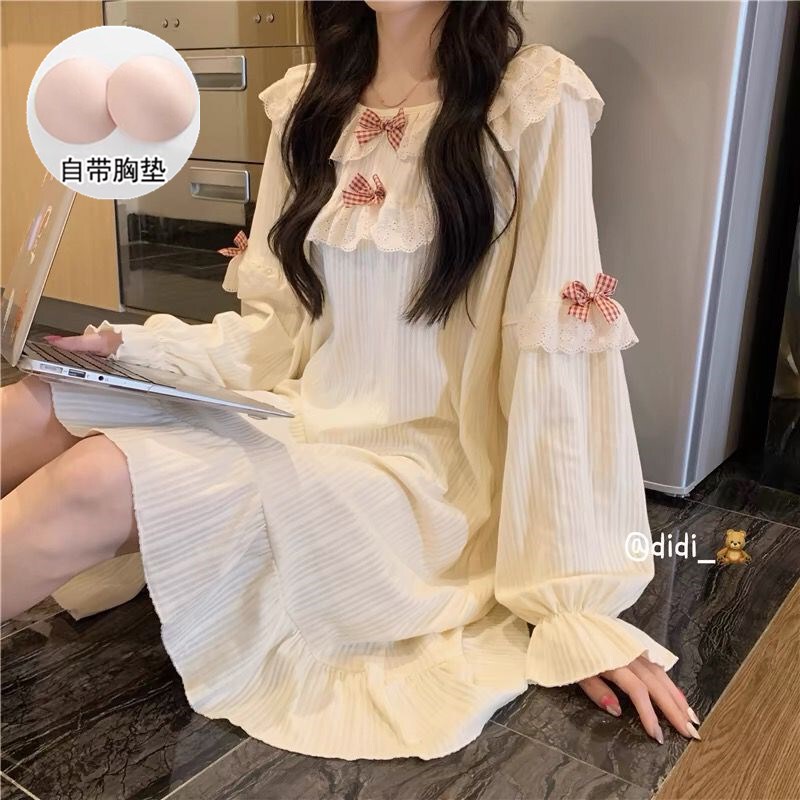 Cute Princess Style Lace Bow Pure Cotton Padded Nightgown Long-Sleeved Pajamas for Women Spring and Autumn Style Outer Wear Dress