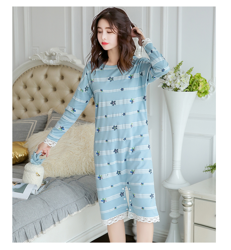 Váy ngủ nữ mùa thu cotton dài tay phiên bản Hàn Quốc của bộ đồ ngủ dài dễ thương tươi mát mùa xuân và mùa thu có thể mặc sọc lỏng dịch vụ tại nhà đồ mặc nhà