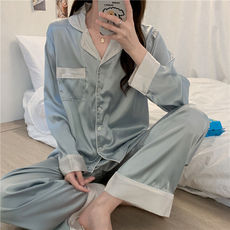 Купальник для пары g冰丝睡衣女士春秋长袖薄款夏季网红ins风网红外出家居服两件套装