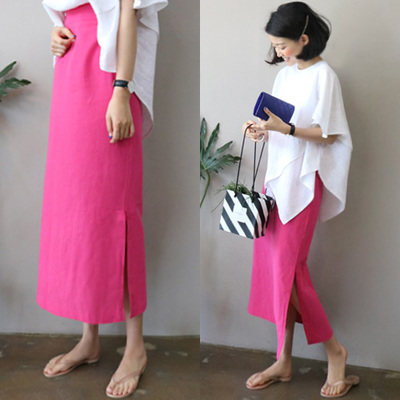 Pregnant woman dress new Korean version double side open fork wrapping hip skirt A character pure color elastic waist rose red half body dress with long skirt