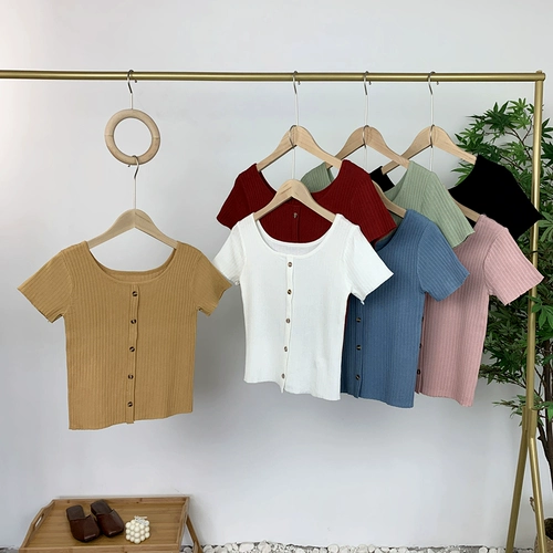 Короткий приталенный трикотажный летний свитер, брендовая футболка, 2020, городской стиль, в корейском стиле, популярно в интернете, короткий рукав