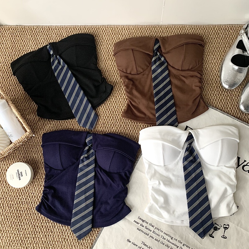 Spicy Girl Style Striped Tie Off-Shoulder Tube Top with Ruched Waist, Short Design with Chest Pads