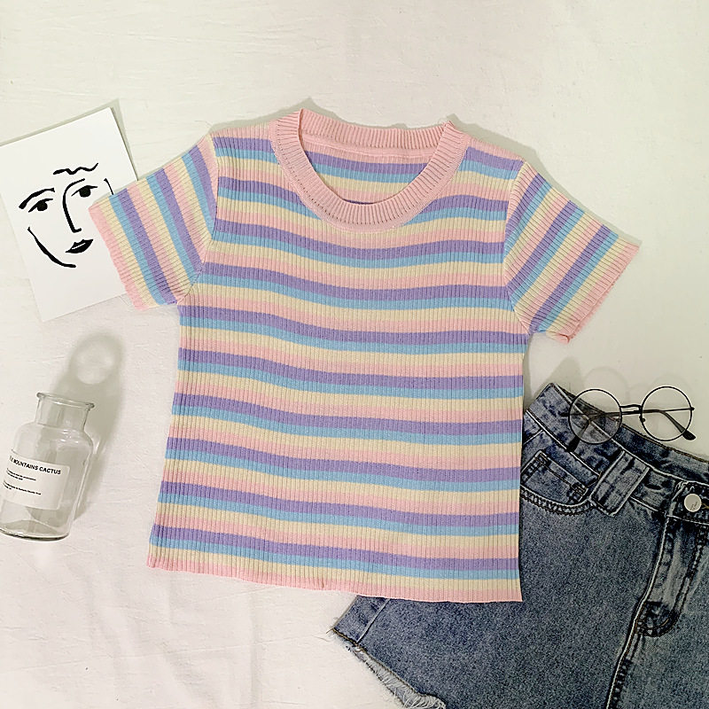 Elegant Wind Rainbow Striped Short short sleeve t-shirt schoolgirl Summer round collar ice-knitted sweatshirt tight blouses