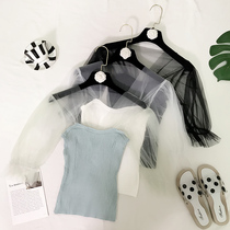 2019 New summer fashion bubble sleeve thin V-neck top stitching mesh lamp sleeve short sleeve t-shirt women tide