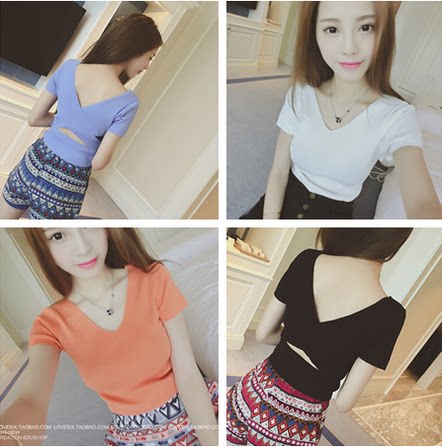 Summer women's Korean high waist short back cross short sleeve knitted base shirt Korean slim slim thin T-shirt women