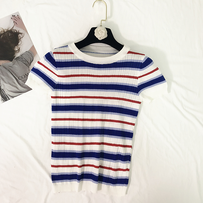 Sọc T-Shirt ngắn tay nữ 2018 mùa hè mới của Hàn Quốc phiên bản của mỏng giảm béo vòng cổ chic áo sơ mi áo len áo len kiểu hàn quốc cực đẹp