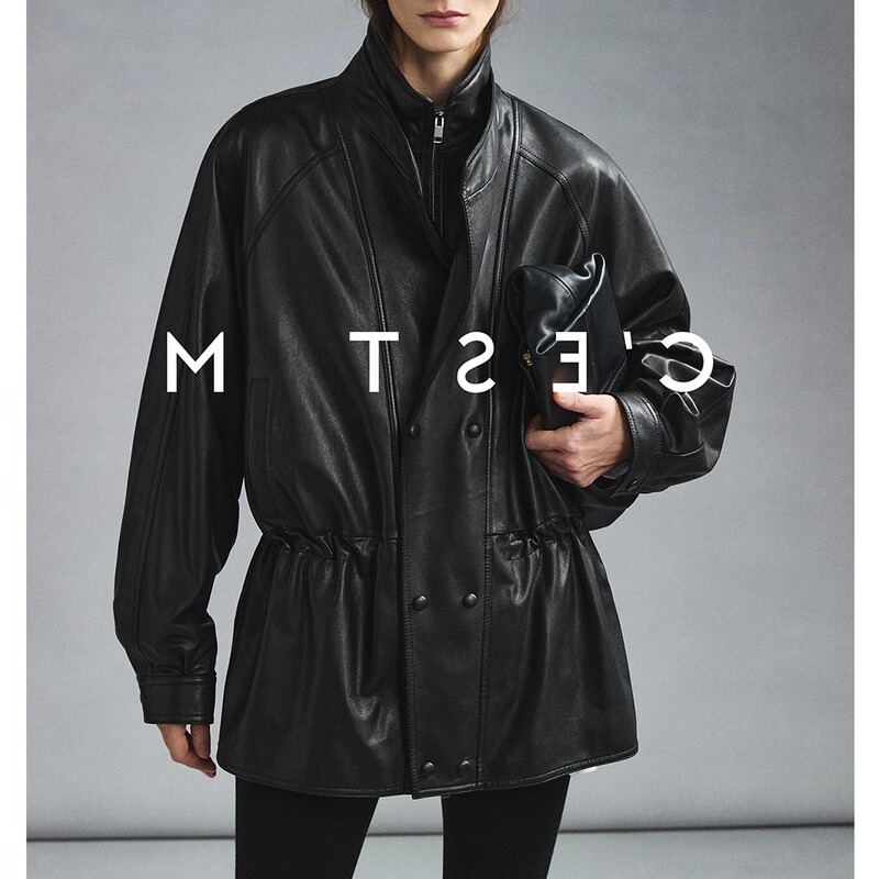 Turkish Imported Light Oil Wax Lambskin Double-Layer Collar Ruched Waist Mid-Length Trench Coat Jacket Leather Coat for Women