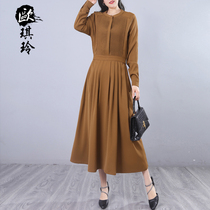 Oqi Ling 2022 Spring autumn season New products Art and art Fan temperament lace upright collar pure color medium long style dress woman 977
