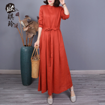 Sisters house womens clothing spring new art Fan lap loose pure color lace lap linen linen dress 8910