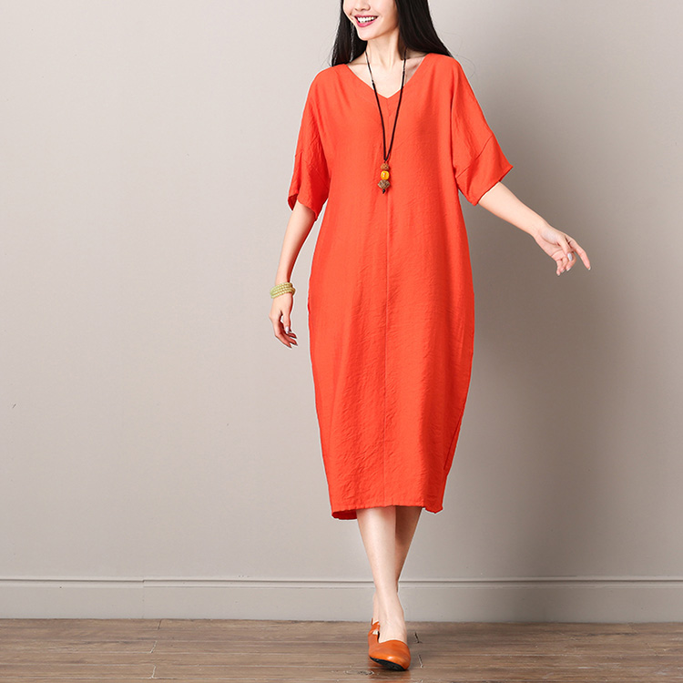 Mùa hè 2018 mới phong cách quốc gia của phụ nữ lỏng lẻo kích thước lớn cotton ngắn tay và vải lanh màu áo choàng lanh màu váy dài váy áo khoác nữ 2020