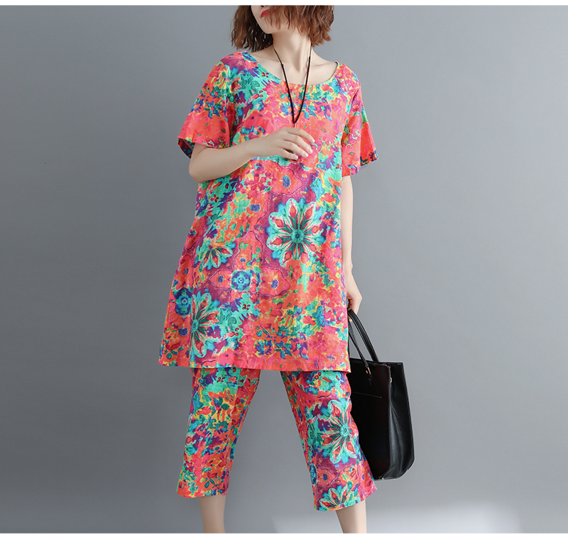 Bộ đồ cotton và vải lanh phù hợp với nữ mùa hè kiểu mới quốc gia size rộng Áo thun rộng bảy điểm quần ống rộng hai mảnh các mẫu áo thun dài tay nữ đẹp