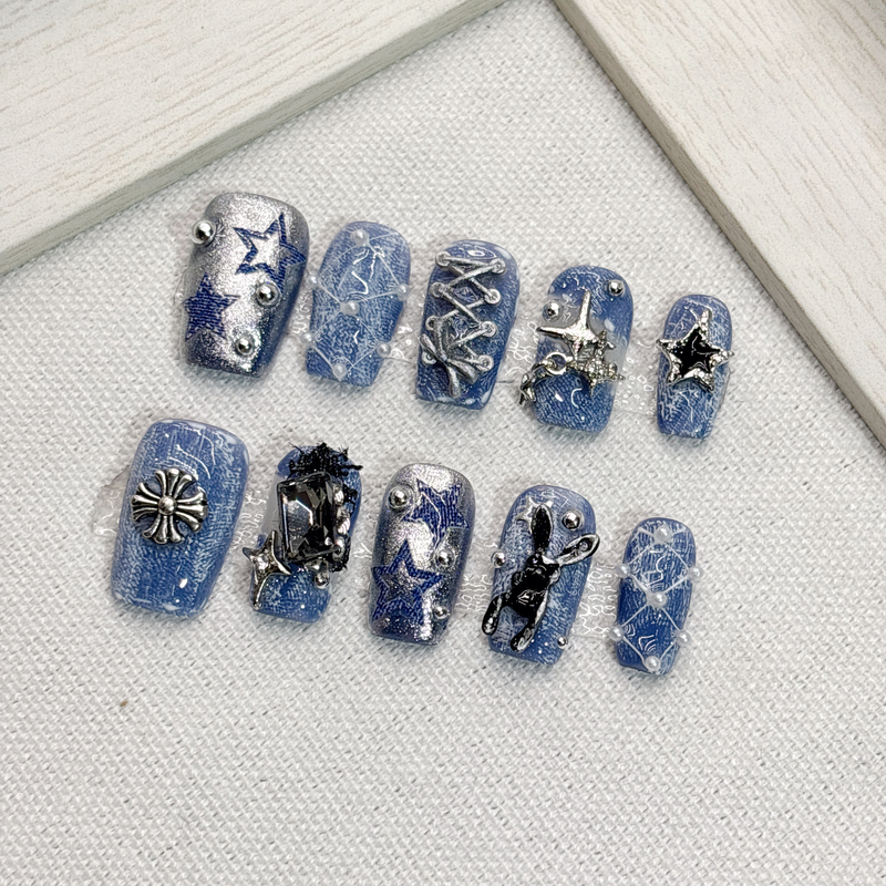 Blue Matte Denim Handmade Nails with a High-End Feel, Brightening and Unique, 2026 Super Pretty Spring Short Square Style