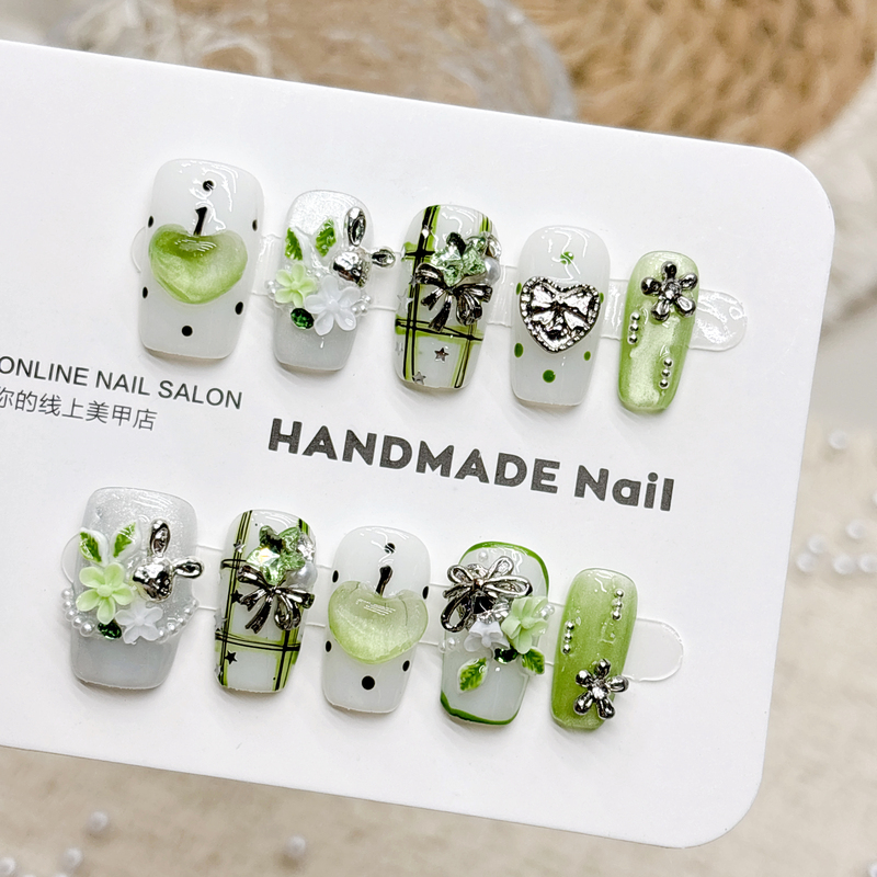 Green Apple, Fresh Mint, Sweet Avocado, Girly Style, Handmade Press-On Nails, Short Almond Shape Green Apple, Fresh Mint, Sweet Avocado, Girly Style, Handmade Press-On Nails, Short Almond Shape