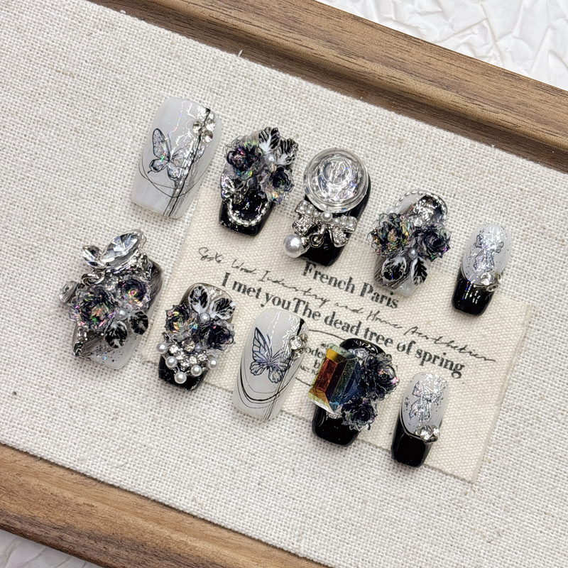Dark Handmade Wearable Nails, Butterfly Nails, Detachable, Brightening, High-End Nail Art Finished Product, Glass Ball Short Almond Style Dark Handmade Wearable Nails, Butterfly Nails, Detachable, Brightening, High-End Nail Art Finished Product, Glass Ball Short Almond Style