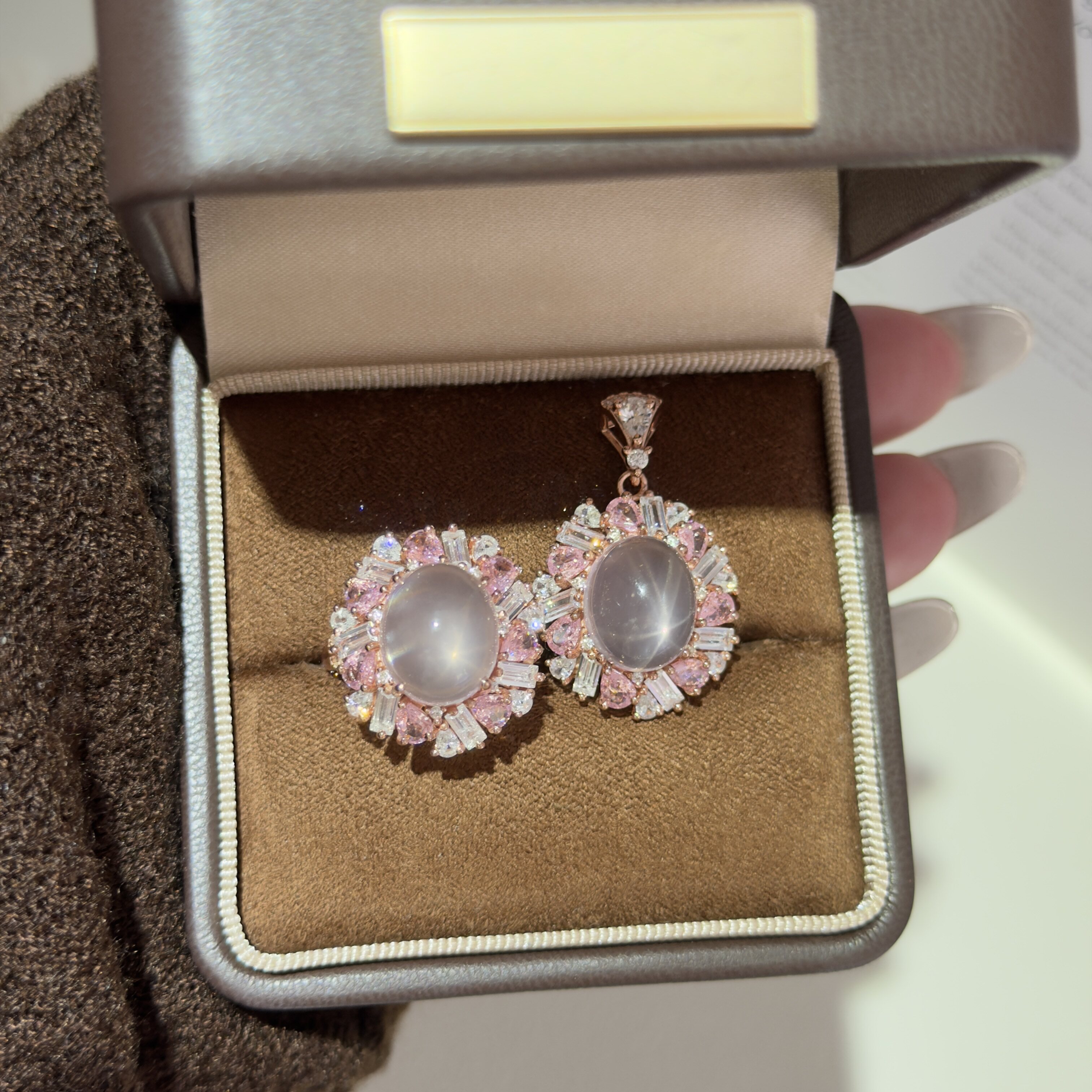 Starlight pink quartz ring and pendant set is a luxurious gift for your girlfriend