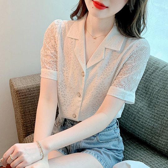 Short-Sleeved Chiffon Shirt for Women, Summer Thin Style, 2025 New Korean Style, Stylish White Short Lace Blouse Shirt Top