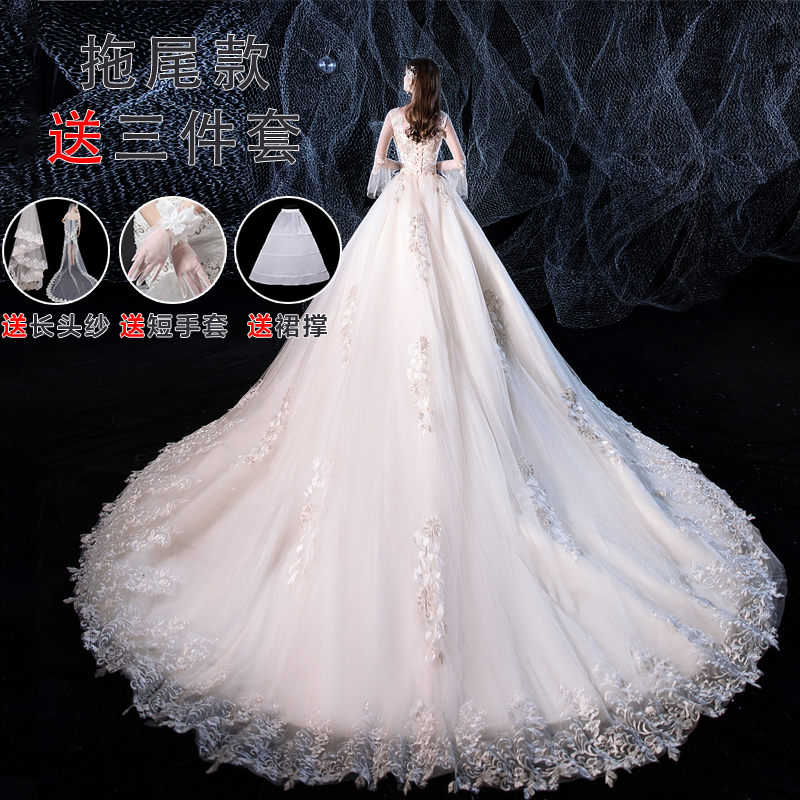 Hàn Quốc nhẹ áo cưới 2020 mới tính khí cô dâu Sen gắn một dài tay siêu cổ tích mơ đơn giản công chúa váy
