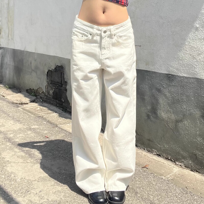 Thedina｜2026 New American Retro Drapey White Brushed Straight-Leg Low-Rise Floor-Length Jeans for Women