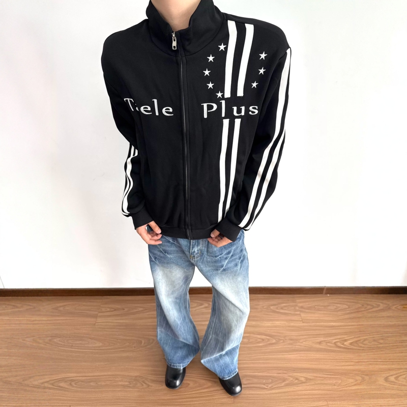 American-Style Light Subculture Double-Striped Embroidered Stand-Collar Jacket, Niche Short Slim-Fit Zip-Up Sweatshirt Jacket American-Style Light Subculture Double-Striped Embroidered Stand-Collar Jacket, Niche Short Slim-Fit Zip-Up Sweatshirt Jacket