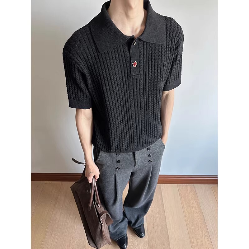 Retro Old Money Style Wheat Ear Pattern Jacquard Knitted Polo Shirt for Men in Summer, Lightweight and Breathable Lapel Ice Silk Short-Sleeved T-Shirt
