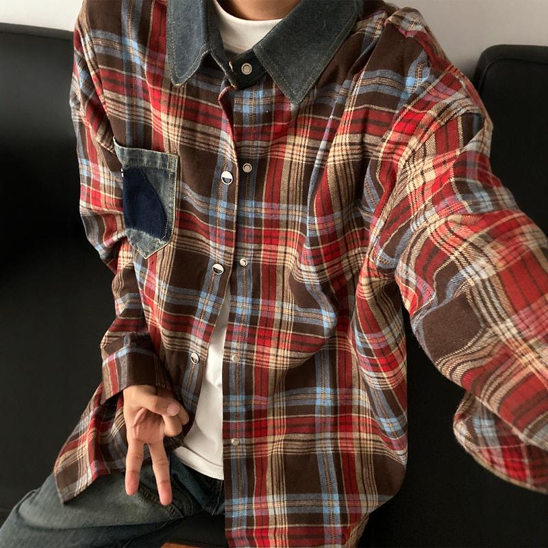 American Retro Long-Sleeved Plaid Shirt for Men, Early Autumn Outfit, Trendy Brand Couple's Patchwork Denim Collar Yellow Plaid Jacket