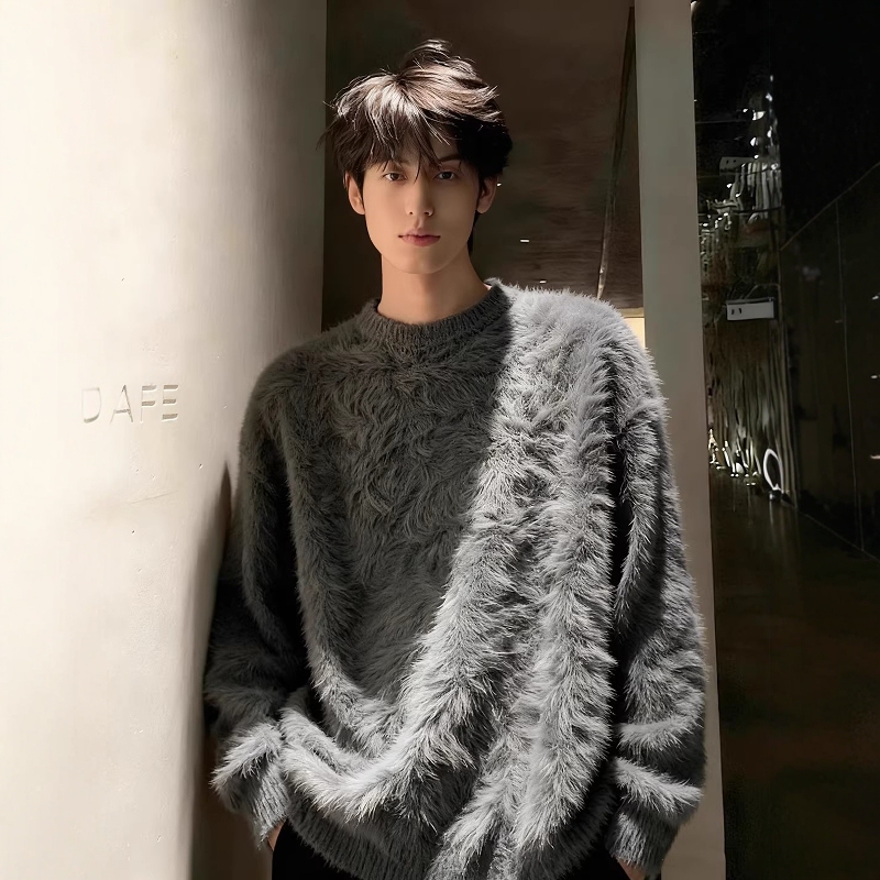 Dark Gray Mink Velvet Sweater for Men, Winter Korean Style, Lazy Style, Round Neck Knitwear, Mohair Soft Sweater for Men