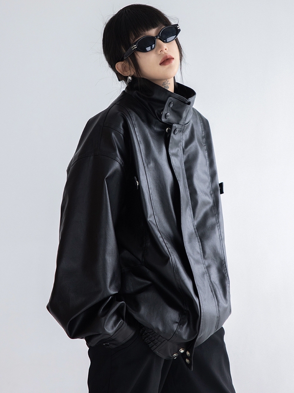 American Retro Trendy Black Leather Jacket for Women, New Spring and Autumn Style, High-End, Stylish Biker Pu Leather Lapel Jacket