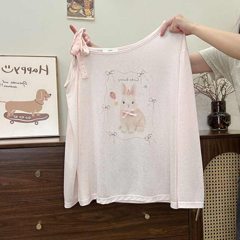 Creamy Universe Graffiti Rabbit Polka Dot Tie Pink Off-Shoulder Long Sleeve T-Shirt for Women Sweet Girl Loose Blouse Top