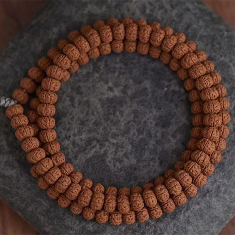 Six-Petal Tree King Small Rudraksha 108 Beads, Original Seeds from Old Trees, Five-Petal Pumpkin-Shaped Short-Stemmed, Richly Textured Hand-Strung Prayer Beads