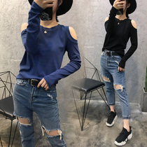 European station 2021 spring and summer new white long sleeve T-shirt female ins Super fire inner top off shoulder base shirt