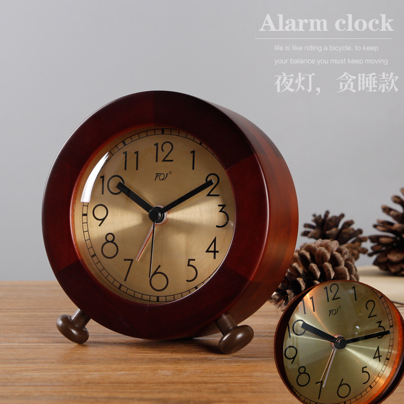 TQJ solid wood night light snooze small alarm clock bedside table clock students with mute desktop fashion table clock table clock