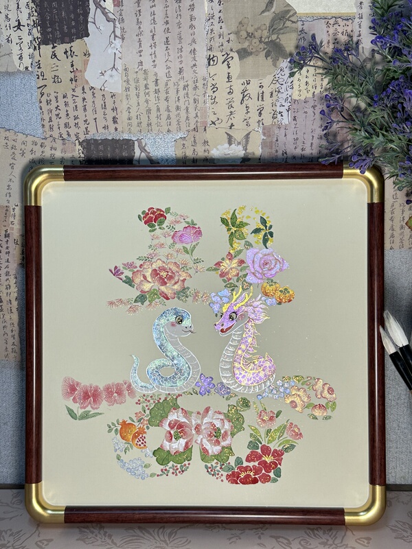 Hand-Painted Original Zodiac-Themed Double Happiness and Hundred Flowers for Celebration