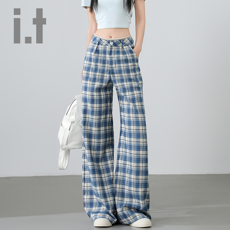 Chocoolate Simple Design Plaid Casual Long Pants for Women, Slightly Flared, Street Style, Versatile, Loose-Fitting, Floor-Length Pants K