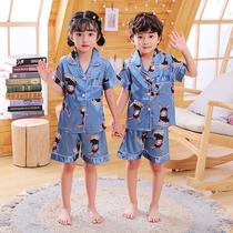  Childrens pajamas summer ice silk mens and womens summer thin sweat-absorbing short-sleeved summer boys cute home clothes set tide