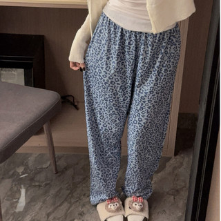 Blue Leopard Print Women's Thick Warm Pajama Pants, Autumn and Winter German Velvet Brushed Casual Loose Home Pants with Pockets