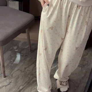 Women's Bear Print Sleep Pants for Autumn and Winter, Thickened with Soft Velvet, Loose Casual Home Pants with Pockets, Suitable for Outdoor Wear and Walking