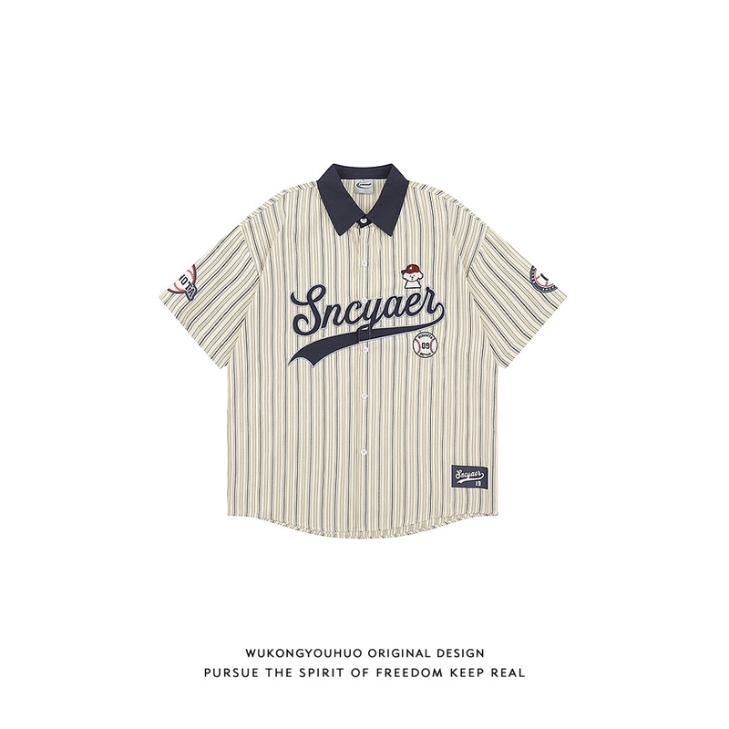 Wukong Has in Stock American Retro Baseball Puppy Striped Short-Sleeve Shirt for Men, Summer College Style Casual Versatile Shirt
