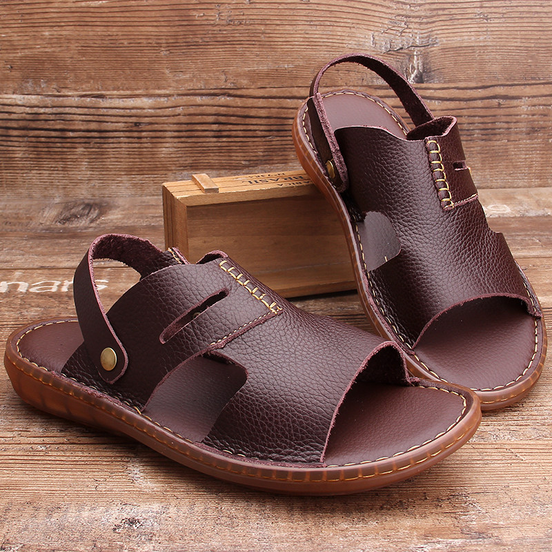 Summer Genuine Leather Sandals Beach Shoes Men's New Outdoor Full Cow Leather Soft Bottom Men Slippers Breathable Non-slip Driving Shoes