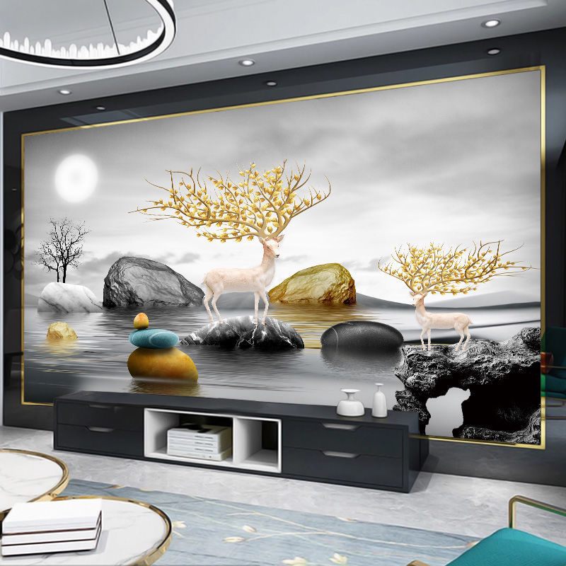 Chinese landscape abstract bamboo and wood fibre board mural sofa TV background wall Fat Cairoe film integrated wall panel