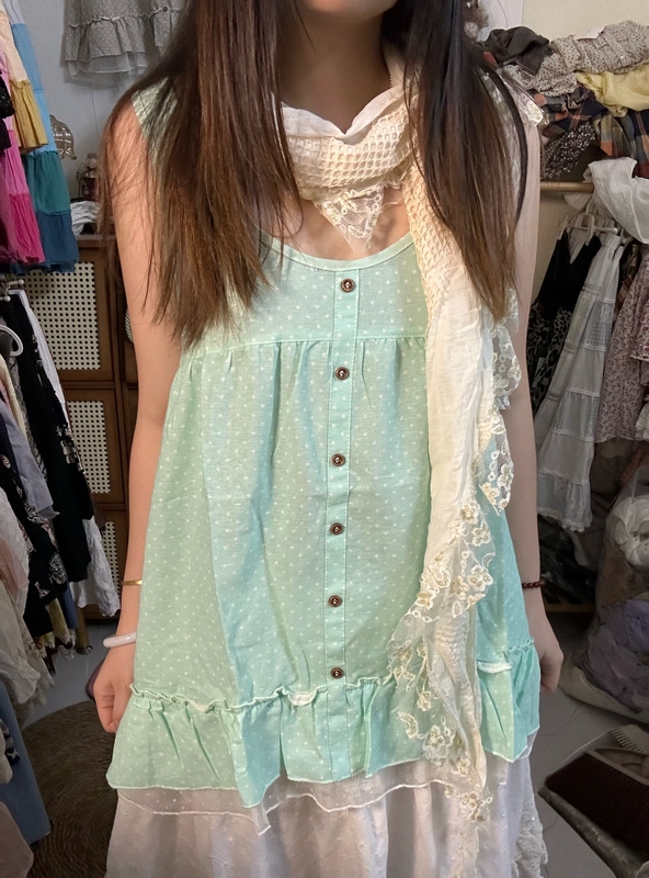 Japanese Style LAOSHU Cotton and Linen Mint Green Polka Dot Vest